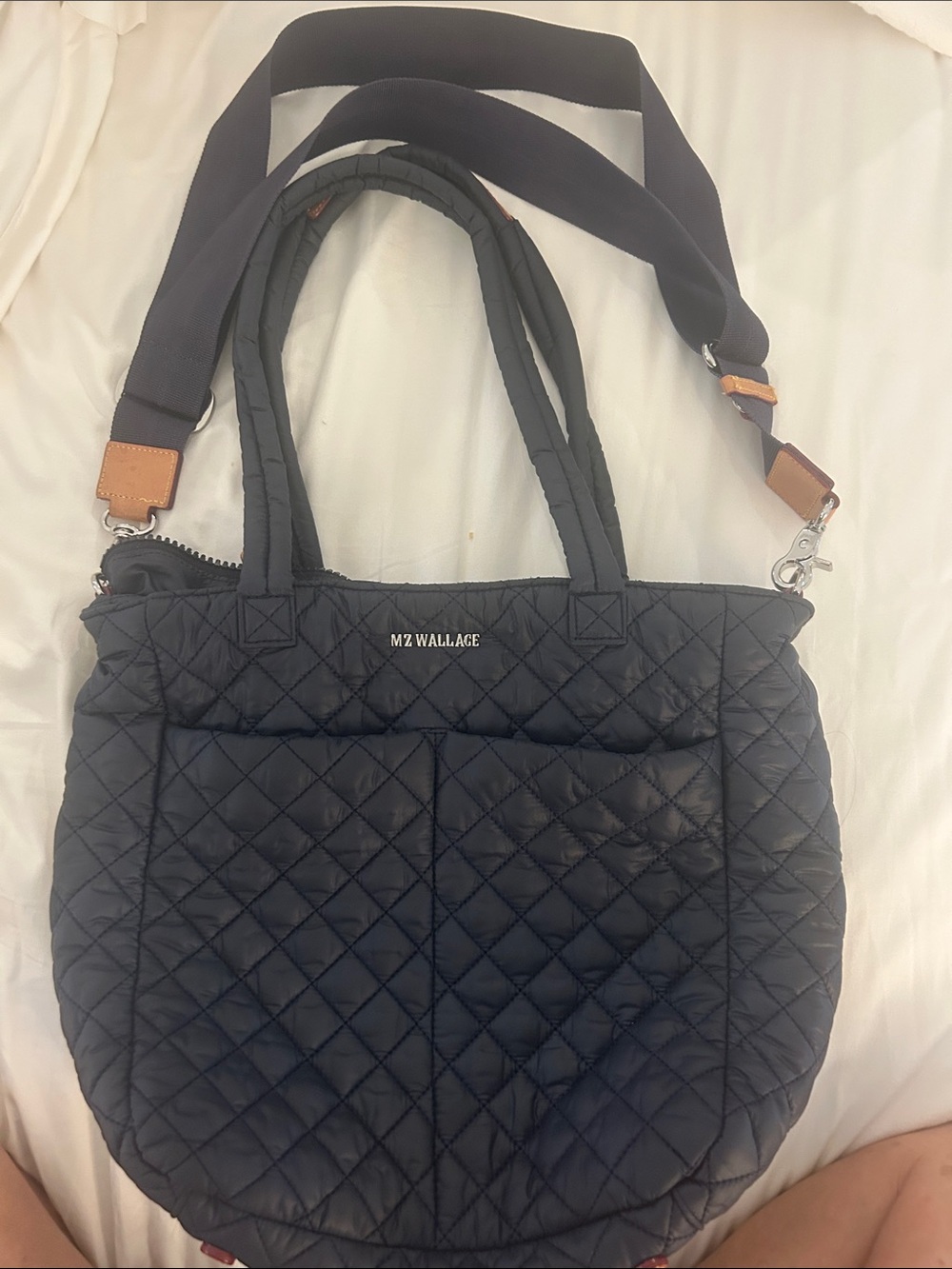 MZ Wallace Navy Blue Quilted Nylon Tote with Detachable Strap